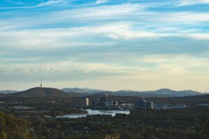 Canberra skyline featuring Telstra Tower on Black Mountain, the central city, and Lake Burley Griffin — Véurr Financial Planning specialist advice for Canberra public servants navigating voluntary and involuntary redundancy